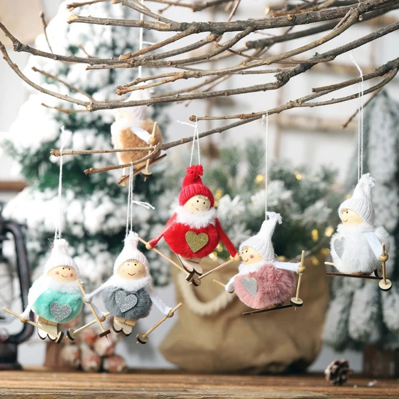 Pompom Doll Ski Small Pendant Christmas Tree Hanging Skiing Doll Lovely New Year Kids Adults Gifts Home Party Desktop Decoration