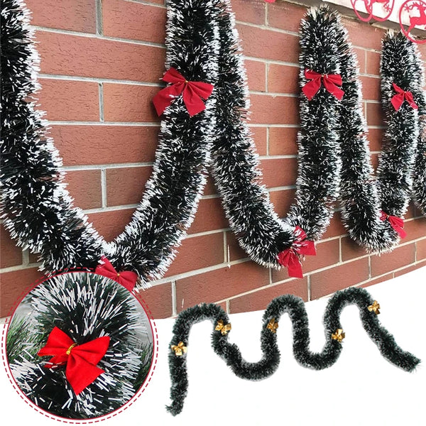 Christmas Dark Green Tinsel Garland with Snow Effect & Bowknot Decor Seasonal Hanging Ornament for Indoor Outdoor 2m WWO66