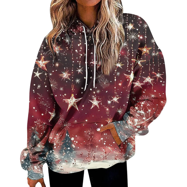 Womens Christmas Print Oversized Sweatshirt Drawstring Pullover With Pocket Trendy Sweater Tops Fashion Clothes