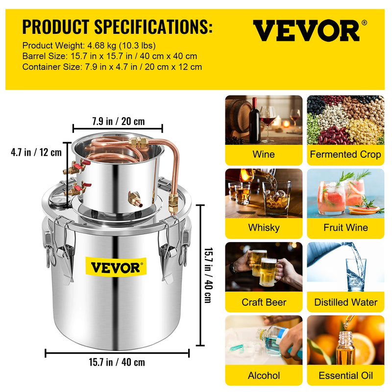 VEVOR 3 5 8 13 Gal Distiller Alambic Moonshine Alcohol Still Stainless Copper DIY Home Brew Water Wine Essential Oil Brewing Kit