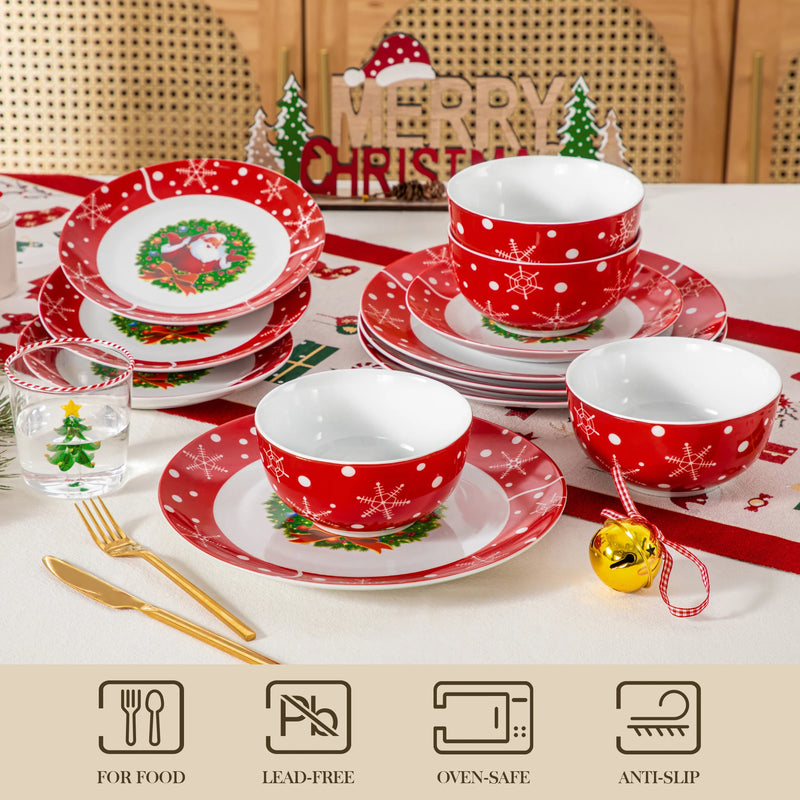 VEWEET 12/24 Piece  Ceramic Plate Set SantaClaus Style Christmas Tableware Ser with 4/8PCS Dinner Plate/Dessert/Bowl For 4/8