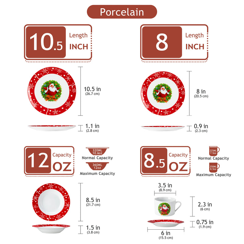 VEWEET 12/16/18/30PCS Christmas Dinnerware Set SantaClaus Style Plates Dinner Set with Dinner Plate/Dessert/Soup Plate/Mug