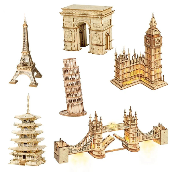 Robotime 3D Wooden Puzzle Game Big Ben Tower Bridge Pagoda Building Model Toys For Children Kids Birthday Gift