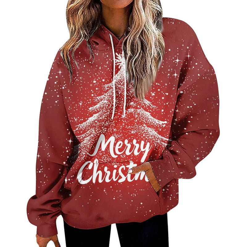 Womens Christmas Print Oversized Sweatshirt Drawstring Pullover With Pocket Trendy Sweater Tops Fashion Clothes