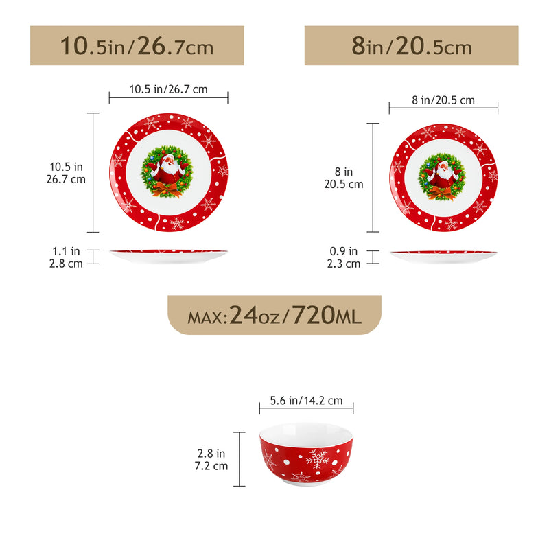 VEWEET 12/24 Piece  Ceramic Plate Set SantaClaus Style Christmas Tableware Ser with 4/8PCS Dinner Plate/Dessert/Bowl For 4/8