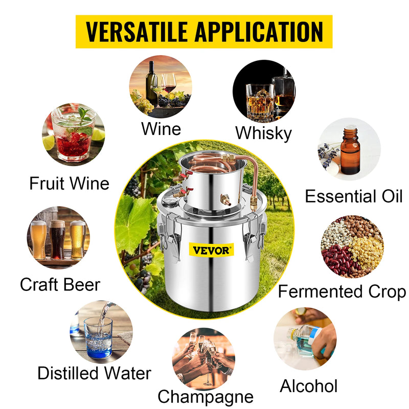 VEVOR 3 5 8 13 Gal Distiller Alambic Moonshine Alcohol Still Stainless Copper DIY Home Brew Water Wine Essential Oil Brewing Kit