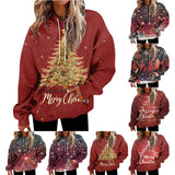 Womens Christmas Print Oversized Sweatshirt Drawstring Pullover With Pocket Trendy Sweater Tops Fashion Clothes